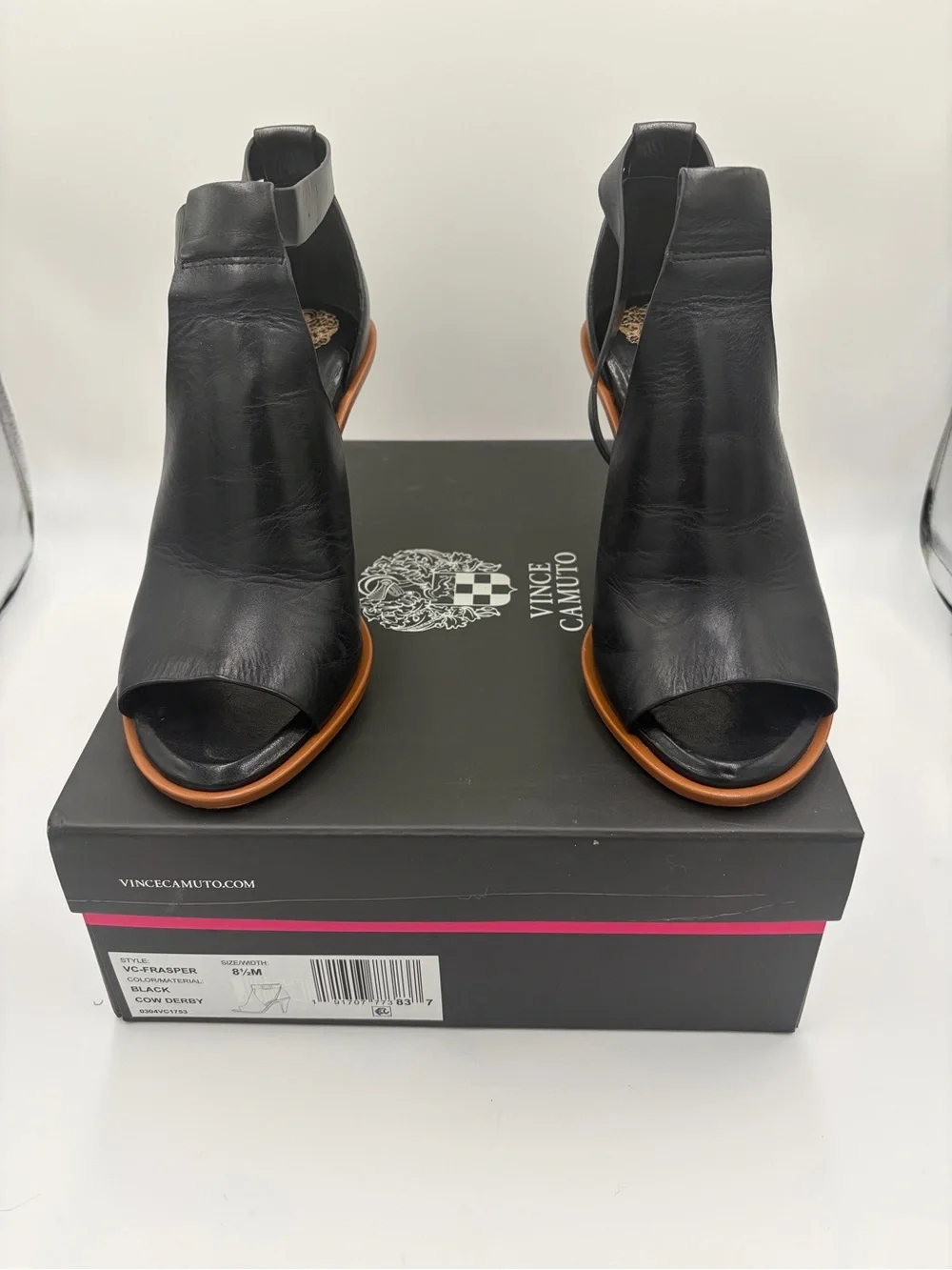 Vince Camuto Fasper Black Leather Ankle-Strap Peep-Toe Heel 8.5 Bootie Sandal